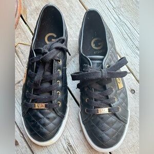 G By Guess Leather Quilted Black Sneakers Gold Embellished